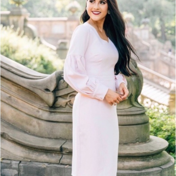 Rachel Parcell Dusty Pink Midi Dress Gathered Lantern Sleeves XS - Picture 2 of 13